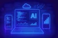 Neon blue AI laptop and smartphones displaying data charts and code artificial intelligence computer Royalty Free Stock Photo
