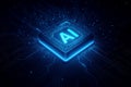 Neon Blue AI Text on a Square Microchip with Glowing Blue Circuitry artificial intelligence technology Royalty Free Stock Photo