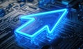 Neon blue arrow symbolizing progress on a digital circuit board background, representing technology, innovation, and Royalty Free Stock Photo
