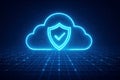 Glowing Neon Cloud Security Shield with Checkmark on Digital Grid Background cloud computing protection Royalty Free Stock Photo