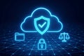 Neon Cloud Security with Folder Lock and Scales of Justice on Digital Grid cloud computing protection Royalty Free Stock Photo