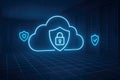 Neon cloud icon with shield and padlock in a server room with grid floor cloud computing security Royalty Free Stock Photo