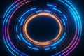 Neon blue color geometric circle on a dark background. Round mystical portal. Mockup for your logo. Futuristic smoke.