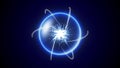 Neon blue 3D sphere. Electron particles fly in orbit of a blue ball on a black background. HD Looped identical. Similar video 4k,