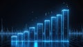 Neon blue digital graph shows rising bars on dark background. Data analytics and finance concept with glowing chart and numbers. Royalty Free Stock Photo