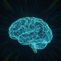 Neon blue digital rendering of a human brain formed by interconnected lines and nodes, Royalty Free Stock Photo