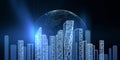 Neon blue digital skyline with a glowing globe backdrop, visualizing smart city concept.