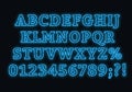 Neon blue font. Bright capital letters with numbers on a dark background. Royalty Free Stock Photo