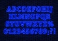 Neon blue font. Bright capital letters with numbers on a dark background. Royalty Free Stock Photo