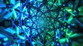 A neon blue and green kaleidoscope of overlapping triangles creating a dynamic and trippy effect