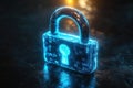 Neon Blue Holographic Lock Encrypted Digital Access Concept, Futuristic Binary Code Padlock Image Representing Secure Data Royalty Free Stock Photo