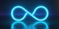 A neon blue infinity symbol is lit up in a dark room Royalty Free Stock Photo