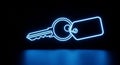 Neon Blue Key with Tag on Black Background light glowing Royalty Free Stock Photo