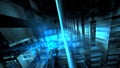 Neon blue lights converging in a digital corridor of data streams and abstract patterns. 3d render Royalty Free Stock Photo