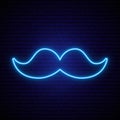 Neon blue mustache icon on dark brick wall background.