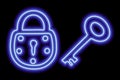 Neon blue outline of padlock and key on a black background. The concept of privacy, security, preservation Royalty Free Stock Photo