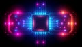 Neon blue and pink glowing circuit board with central chip and connected lines symbolizing digital technology and data flow Royalty Free Stock Photo