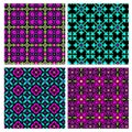 Neon blue pink purple seamless tile patterns on black backgrounds