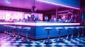 Neon blue and pink retro diner interior with bar stools end checkerboard floor Royalty Free Stock Photo