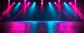 Neon blue and pink spotlights illuminate empty textured stage floor