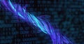 Neon blue and purple data stream twisting diagonally in digital backdrop, with floating binary grid Royalty Free Stock Photo