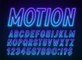 Neon blue purple font, light alphabet with numbers. Royalty Free Stock Photo