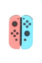 A neon blue and neon red Nintendo Switch joycon