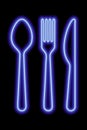 Neon blue shapes of spoon, fork and table khife on a black background. Set of cutlery Royalty Free Stock Photo