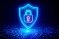 Neon blue shield with a pink lock icon on a digital circuit board background security padlock Royalty Free Stock Photo
