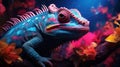 A neon blue space chameleon blending into the vibrant colors of a neon pink galaxy by AI generated