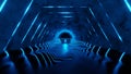 Neon blue tunnel abstract corridor blue background. Modern neon blue light spectrum. Sci-fi interior corridor.