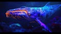 A neon blue whale breaching the surface its body illuminated in shades of purple and orange Royalty Free Stock Photo