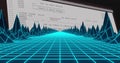Neon blue wireframe grid showing triangular spikes in virtual interface, with SQL console commands Royalty Free Stock Photo