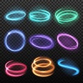Set of nine isolated neon blurry circles at motion of different colour on dark transparent background vector illustration Royalty Free Stock Photo