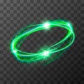 Neon blurry swirl, green magic light trail effect at motion. Luminous rings on transparent background