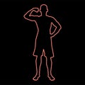 Neon bodybuilder showing biceps muscles bodybuilding sport concept silhouette front view icon red color vector illustration image Royalty Free Stock Photo