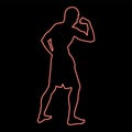 Neon bodybuilder showing biceps muscles bodybuilding sport concept silhouette side view icon red color vector illustration image Royalty Free Stock Photo