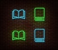 Neon books signs vector isolated on brick wall. Neon open book light symbol. Vector illustration.
