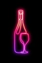 Neon bottle with alcohol.Wine bottle with glass .Continuous one line drawing wine glass . illustration