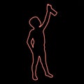 Neon boy using water sprayed in up Small kid watering garden using hand sprinkler Holding arm special comb red color vector