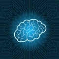 Neon Brain Icon Over Blue Circuit Motherboard Background Royalty Free Stock Photo