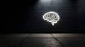 Neon Brain Outline Glowing on Dark Grid Wall With Blank Margin on the Right Side for Creative Design Royalty Free Stock Photo