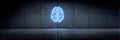 Neon Brain Outline Glowing on a Dark Grid Wall With a Blank Right Margin Royalty Free Stock Photo