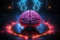 Neon brains on a virtual pedestal, 3D realistic human brains surrounded by energy and artificial intelligence for computing.