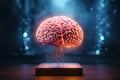 Neon brains on a virtual pedestal, 3D realistic human brains surrounded by energy and artificial intelligence for computing.