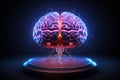 Neon brains on a virtual pedestal, 3D realistic human brains surrounded by energy and artificial intelligence for computing.