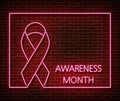Neon breast cancer awareness signs on brick wall. Pink ribbon light symbol, led effect. Neon illustration