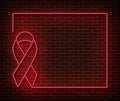 Neon breast cancer awareness signs isolated on brick wall. Pink ribbon light symbol, led effect. Neon illustration