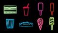 Neon bright glowing multicolored set of eight icons of delicious food and snack items for cafe bar restaurant: sandwich, ice cream Royalty Free Stock Photo