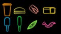 Neon bright glowing multicolored set of eight icons of delicious food and snacks items for restaurant bar cafe: soda, burger,